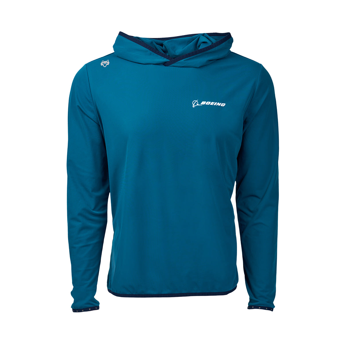 Full product image of the hoodie in a sea turtle green color. White Boeing logo on left chest.  Greyson logo on front right shoulder area. 