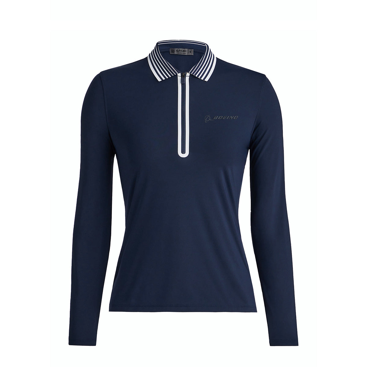 Full product image on a women's mannequin. Features a quarter-zip and Boeing logo on left chest. Long sleeve quarter zip polo in navy with white stripes on the collar