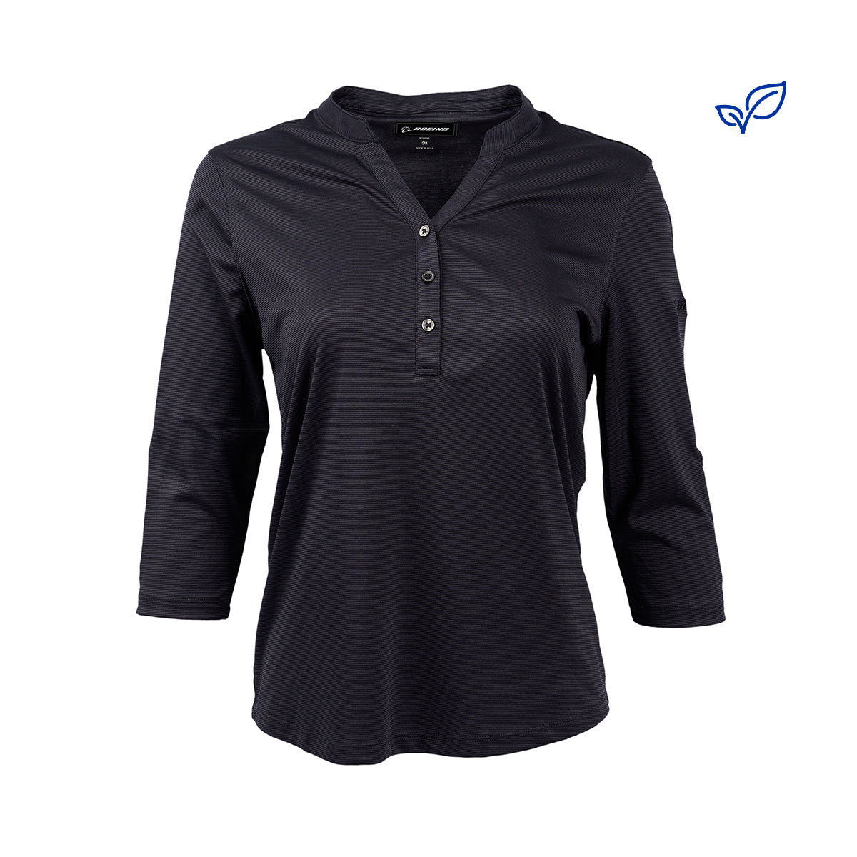 full product image of the 3/4 sleeve polo in navy color.  features 3 buttons. 