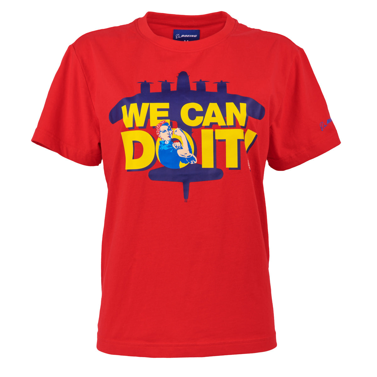 Rosie we can do it quote overlay on navy blue Boeing B-17 printed in the center on a red t-shirt. 