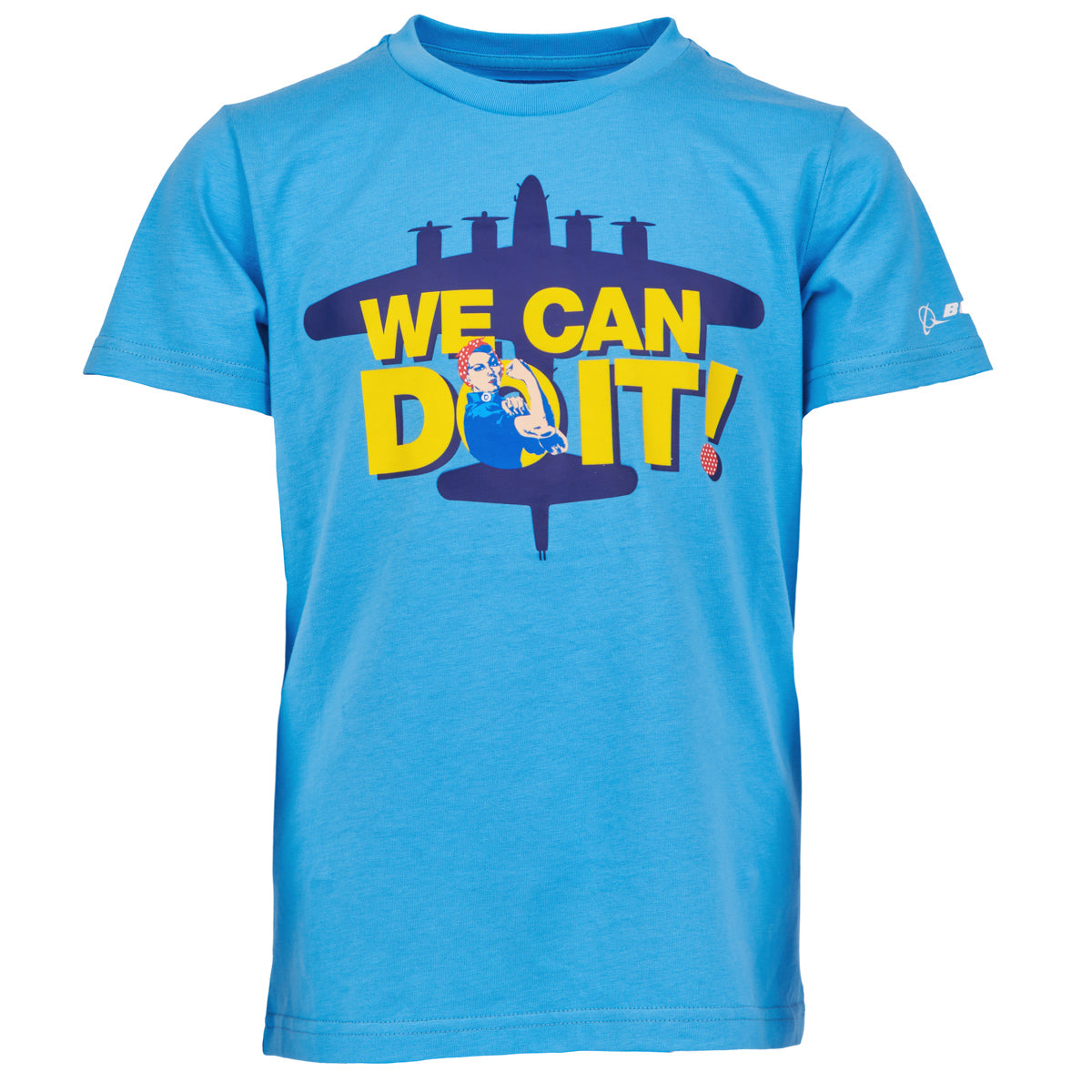 We can do it Rosie quote overlay on a Boeing B-17 aircraft printed on a blue t-shirt. across the chest  