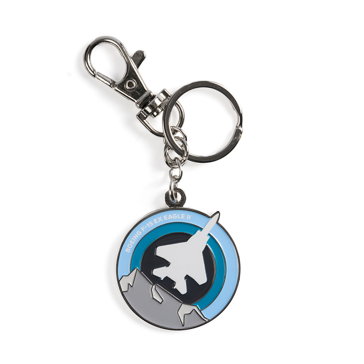 Skyward keychain, featuring the iconic Boeing F-15EX Eagle in a roundel design.