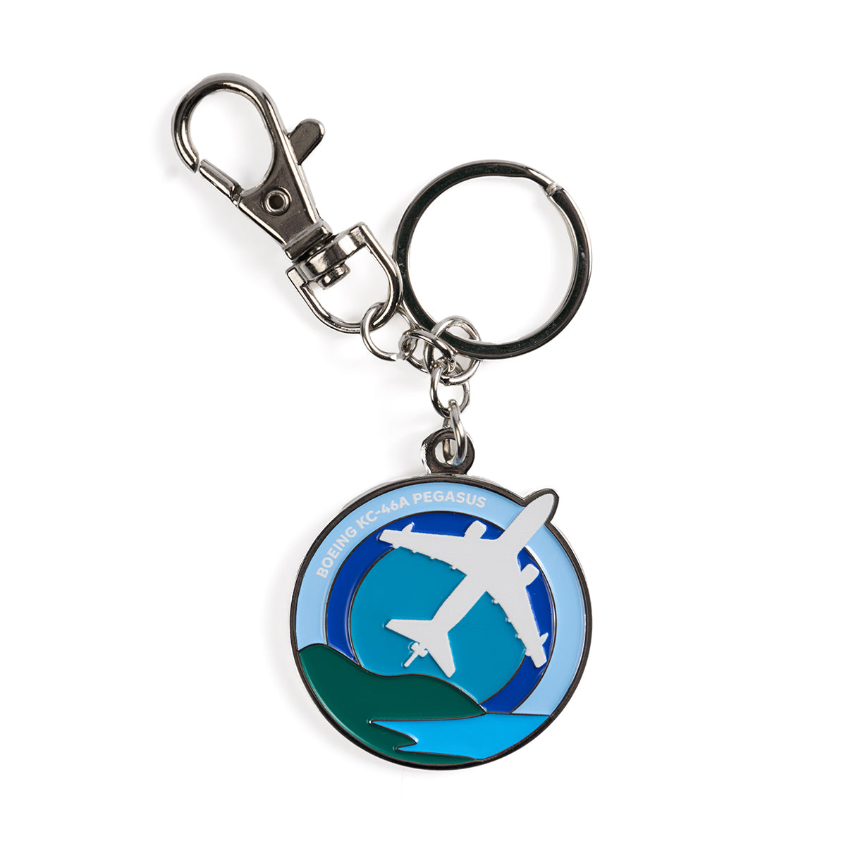 Skyward keychain, featuring the iconic Boeing KC-46 Pegasus in a roundel design.