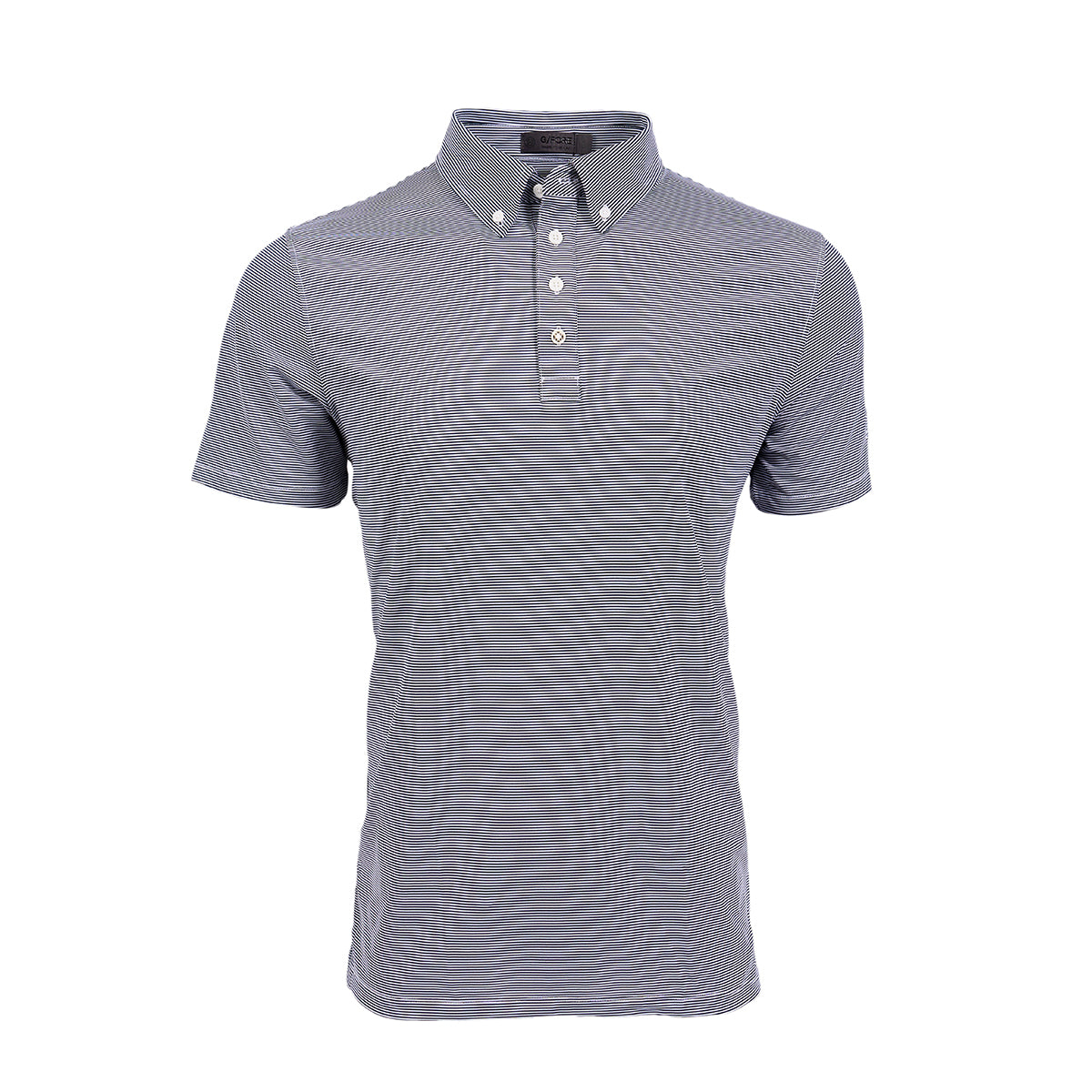 Full product image on a mannequin. Features horizontal stripes in navy and white.  Two buttons on each side of the collar. 4 buttons